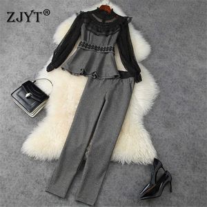Spring Elegant Office Lady Pants 2Piece Set Women Runway Fashion Ruffle Lace Patchwork Top and Pants Suit Party Outfits 210601