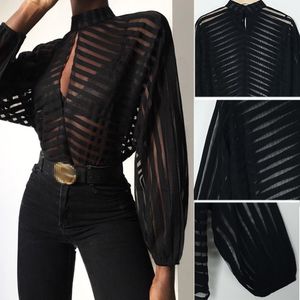 Women Blouse Mesh Sheer Shirts Ladies Long Sleeve Striped Front t Hollow Out Transparent Shirt Blusas Mujer Camisas Sexy Black Tops Summer Autumn Female shellort
