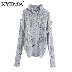 Kobiety Moda Haft Ruffled Luźny sweter z dzianiny Vintage wysokiej szyi z długim rękawem Kobiet swetry eleganckie topy 210416