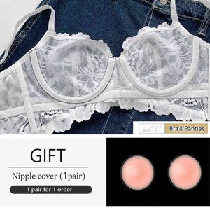 NXY SEXY SET Vit Sexig Underkläder Bra och Panty Satser för Kvinnor Flower Broderi Lace Underkläder Ingen Sponge Plus Storlek Transparent Brassiere 1202