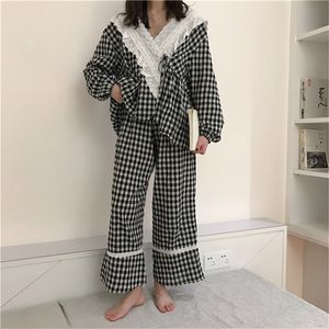 Plaid Lace Gentle Tre-Piece Passar Chic Kvinnor Söt Fashion Sleepwear Loose Pyjamas Fresh Home Passits 210510