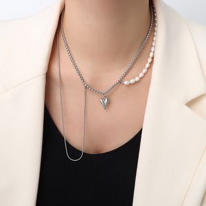 Fashion Pearl Choker Necklace Cute Double Layer Titanium Stainless Steel Chain Heart Pendant Necklaces for Women Jewelry Gifts