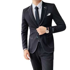 2020Autumn/winter men's suit two-piece Korean slim suit with open embroidery hte scne affaires fte Banquet Costume noir X0909