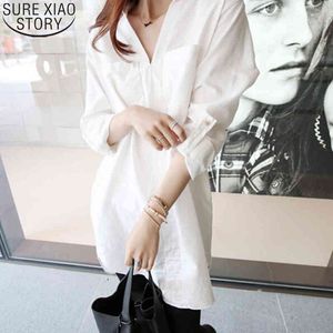 Koreański V-Neck Białe koszule Moda Jesień Bluzka Plus Rozmiar 5XL Loose Długi Rękaw Koszula Kobiety Tops Pullover 10936 210417