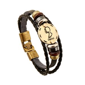 12 Constellation Gifts Beaded Strands Leather Bracelet Zodiac Signs Braided Punk Wrist Rope Cuff Bracelets Length 20.5CM