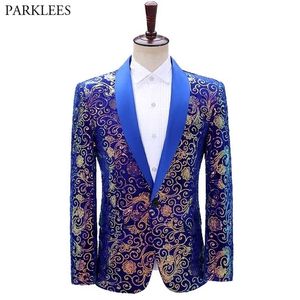 Royal Blue Sequin Floral Velvet Suit Jacket Men Luxury Brand One Button Shawl Collar Mens Tuxedo Blazers for Party Wedding 210522