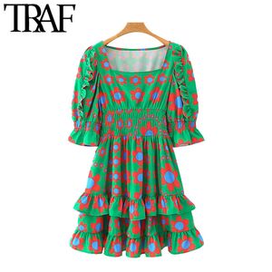 TRAF Donna Chic Moda Stampa floreale Mini abito increspato Vintage Manica a sbuffo Elastico in vita Abiti femminili Abiti Mujer 210415