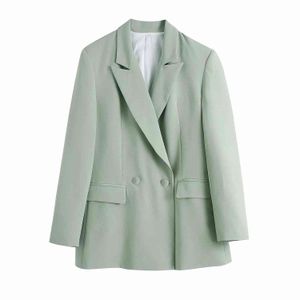 Women Fashion Double Breasted Overshirt Blazer Jacket Light Green Pockets Outwear Office Lady Female Coat For Suits 210521