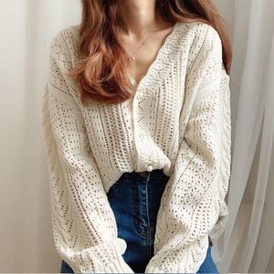 Qooth Fashion Cardigan Sweater Women V neck Hollow Out Sweater Lady Woolen blends Full Sleeve Knitwear Jumper Female QH139 210518