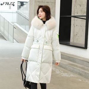 Winter Elegant Women Bright Long Knee-length Parka Cotton Jacket Casual Loose Large Fur Collar Hooded Thick Coat 210423