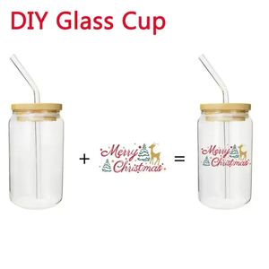 12oz 16oz Sublimation Clear Glass Cups 16oz Can Shaped Wine Tumbler Bamboo Lid Cup Ice Cola Jar Home Straw Mug 0222