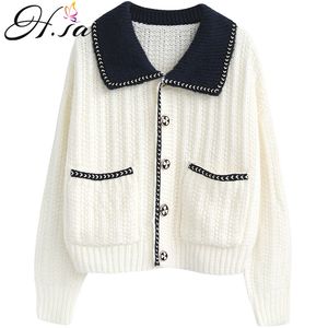 H SA Women Autumn Sweater Turn Down Collar White Knit Cardigans Button Pearl Elegant Cardigan and Jumpers