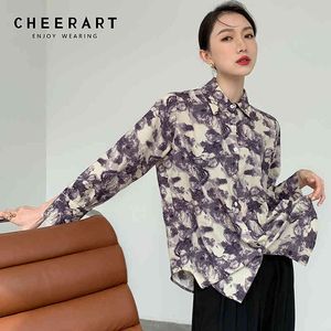 Vintage roxo floral impressão manga longa tops e blusas botão para cima camisa de colarinho camisa de moda coreana 210427