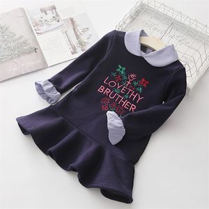 Winter Warm Cute 2 3 4-12 Years Baby Flare Sleeve Peter Pan Collar Letter Pattern Plus Velvet Pretty Dress For Kids Girls 210701