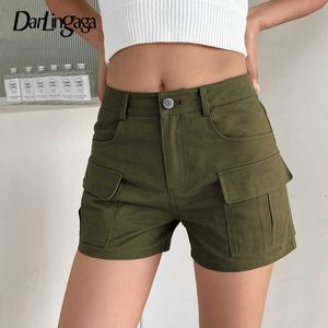 Darlingaga Streetwear Army Green Cargo Shorts Women Clothes Pockets Bodycon Solid High Waist Shorts Casual Summer Shorts Bottoms Y0625
