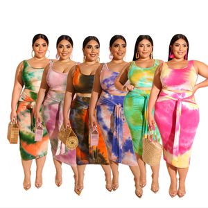 4XL 5XL Women plus size dress sets tie dye tank top+skinny bandaged skirt two piece set sleeveless vest tops+long dresses summer Clothing DHL SHIP 5389