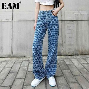 [EAM] High Waist Blue Holes Denim Long Casual WideLeg Jeans Loose Women Trousers Fashion Spring Autumn 1DD8414 21512