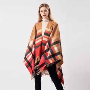 Ladies Autumn And Winter Bristle Plaid Fringed Wild Warm Shawl Cape European American Fashion Computer Knitted 210427