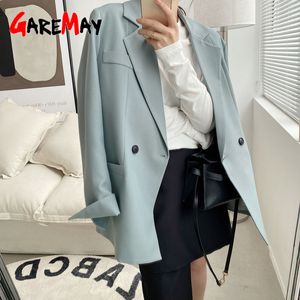 Autumn Solid Color Elegant Blue Blazer Women Jacket Women's Korean Style Loose V-neck Long Sleeve Black jackets for spring 210428