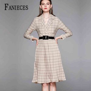 Różowa Plaid Drukuj Sukienka Kobiety Lato Spadek Z Długim Rękawem Sashes Midi Party Dresses Elegancka Biuro Lady Workwear Vestidos Ropa Mujer 210520