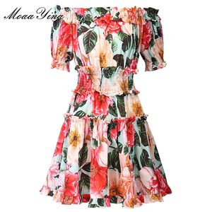 ファッションデザイナー夏の短綿のドレス女性スラッシュネック弾性ウエスト花のプリントビンテージミニ210524