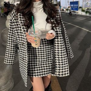 Women's Jackets YOCALOR Two 2 Piece Set Retro Houndstooth Style Mid-length Coat High Waist Skirt Two-piece Suits Women Basic