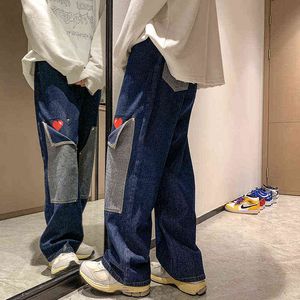 Erkek kot hip hop patchwork büyük boy düz jean pantolon 2021 erkek kırmızı kalp baskı kot pantolon en kaliteli sokak kıyafeti denim 0309