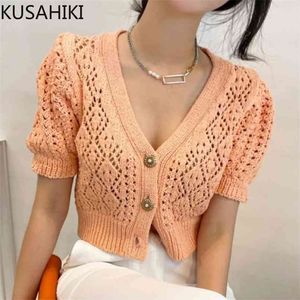 Korean Hollow-out Short Knitwear Sexy Slim Puff Sleeve V-neck Knitted Cardigan Summer Women Jumpers 6J022 210603