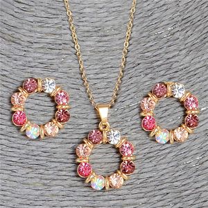 Jewelry Sets Luxury designer Bracelet Hesiod 2 pcs/Set Gold Color Sweet Pink Round Circle Shape Austrian Crystal Necklace Earring For Women