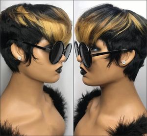 Ombre cor loira curta ondulado bob pixie corte peruca máquina completa feita não renda dianteira perucas de cabelo humano para mulher negra