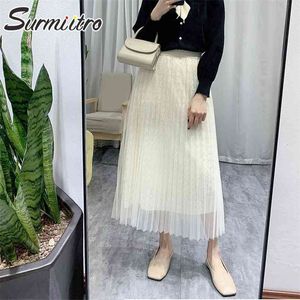 Vår sommar lång tulle kjol kvinnor koreanska stil vit svart laciness hög midja sol pläterad midi kvinnlig 210421