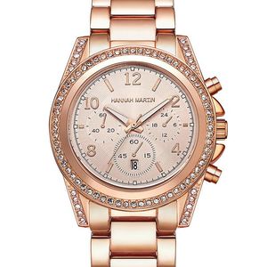 Relógios de pulso Calendário de mulheres Rose Business Negócio de Moda com Diamante Man-Made Assista em aço inoxidável quartzo cinto