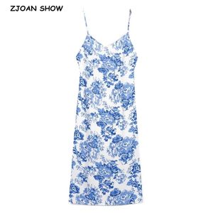 ヴィンテージフランス夏の青い白い花のプリントスパゲッティストラップミディドレスセクシーな女性スリングレースアップバックレスドレス休日210429