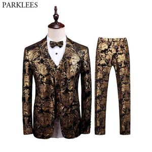 Luxury Gold Paisley 3 Piece Tuxedo Suits Men Brand Slim Fit Wedding Groom Velvet Dress Suits Mens Party Prom Stage Costume Homme 210522