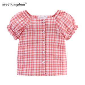 Mudkingdom Plaid Puff Sleeve Girls Blus Button Down Summer Bubble Off Shoulder Cardigan Shirt 210615