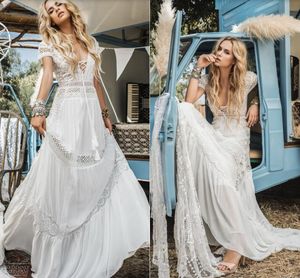 Bohemian Chiffon Beach Wedding Dress For Women 2021 Crochet Lace V Neck Short Sleeve Boho Bridal Gowns Long Robe De Mariage A Line Bride Dresses