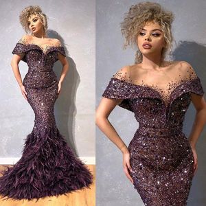 Glitter Purple Mermaid Evening Dresses Sheer Jewel Neck Sequins Feather Long Prom Dress Capped Short Sleeves Sweep Train Formal Party Gown