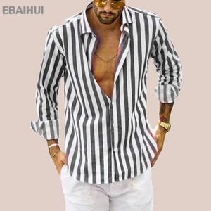 Camisas masculinas ebaihui listras verticais contraste cor manga longa camisas casuais de algodão europeu e americano tops