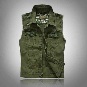 Västar Slim Fit Cowboy Male Jacket Vest Ripped Denim Mäns Ärmlös Casual Waistcoat Mens Jean Coat Green 210925