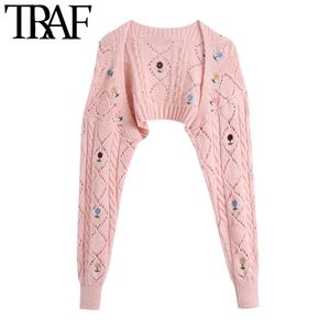 TRAF Women Sweet Fashion Floral Embroidery Arm Warmers Knitted Sweaters Vintage Long Sleeve Female Outerwear Chic Tops 210415