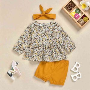 Winter Children Sets Casual Long Sleeve Floral Ruffles Dresses Solid Shorts Hair band 2Pcs GirlsClothes 0-2T 210629