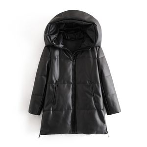 Winter Fashion Thick Warm Faux Leather Parkas Vintage Hooded Long Sleeve Padded Jacket Female Black Overcoat 210607