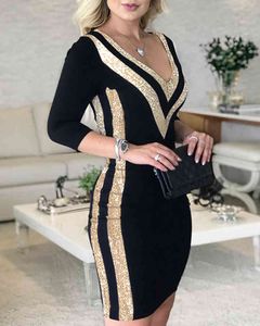 Moda mulheres outono elegante lantejoulas casuais colorblock manga longa vestido senhora retalhos v pescoço sexy midi vestido vestido de lantejoulas 210415