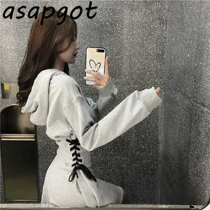 Pamuk Gri Kapüşonlu Bandaj Hoodies Elbise Kadınlar Mini Lace Up Bel Siyah Kazak Elbise Chic Rahat Sonbahar Kış Vestido Gevşek 210610