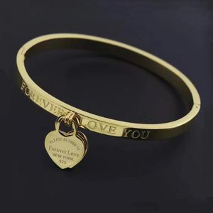 Bangle Classic Stainless Steel Gold Color Bracelets & Bangles Wholesale Jewelry Fine Double Peach Heart Women Female B009