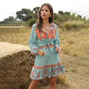 Флористическое печать с длинным рукавом для с длинным рукавом наборы Boho Летнее короткое платье 2 штуки наборы зеленого богемного пляжа Vestidos 210415