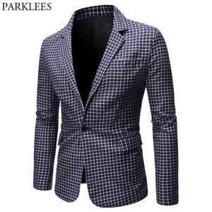 Mens plaid checked kostym blazer vår smal passform en knapp notch lapel casual deily dress suit jacka blazer masculino 210522