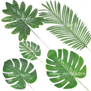 Wholesale tropical birthday party resale online - Decorative Flowers Wreaths Summer Tropical Simulated Artificial Palm Leaves Hawaiian Luau Jungle Happy Birthday Party Table Decoration Wed