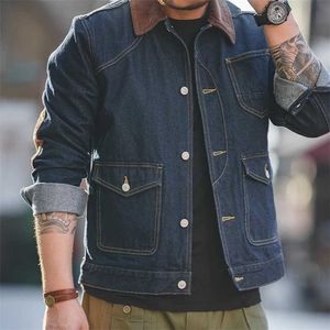 Maden Denim Jean Jacket for Men 루스 카우보이 캐주얼 빈티지 블루 코듀로 코튼 포켓 사파리 자켓 남자 의류 211110