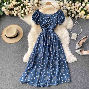 Women's Spring Summer Casual Slash Neck Floral Print Dress Short Sleeve High Waist Vacation Ladies 210520